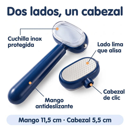 Detalles: cuchilla inox protegida, lado lima, cabezal de clic